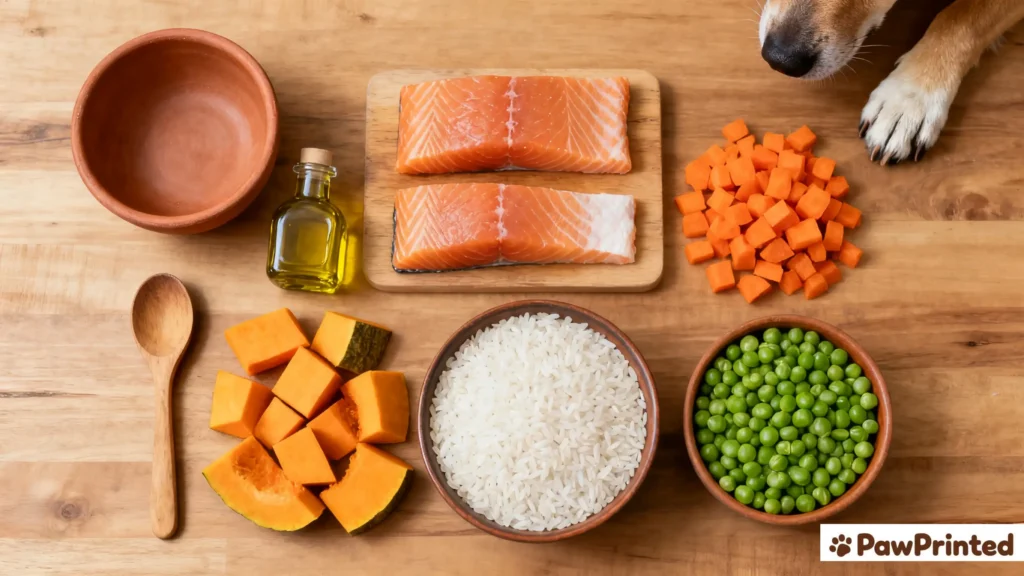 Fresh ingredients for salmon and pumpkin dog food — salmon fillets, pumpkin chunks, rice, carrots, and peas on a rustic wooden counter.