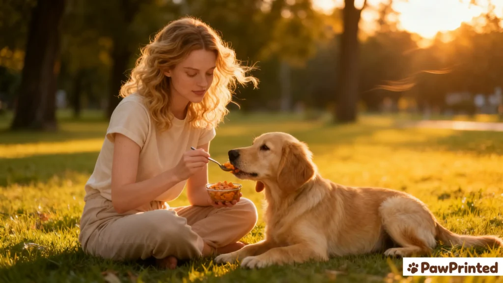 Glass jars filled with salmon and pumpkin dog food neatly stored in a bright kitchen, representing homemade meal prep for dogs.
