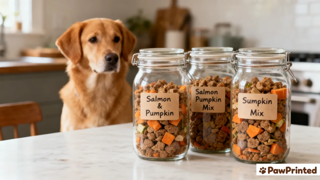 A close-up of a ceramic bowl filled with salmon and pumpkin dog food, showing soft rice, orange pumpkin, and flaked salmon pieces.