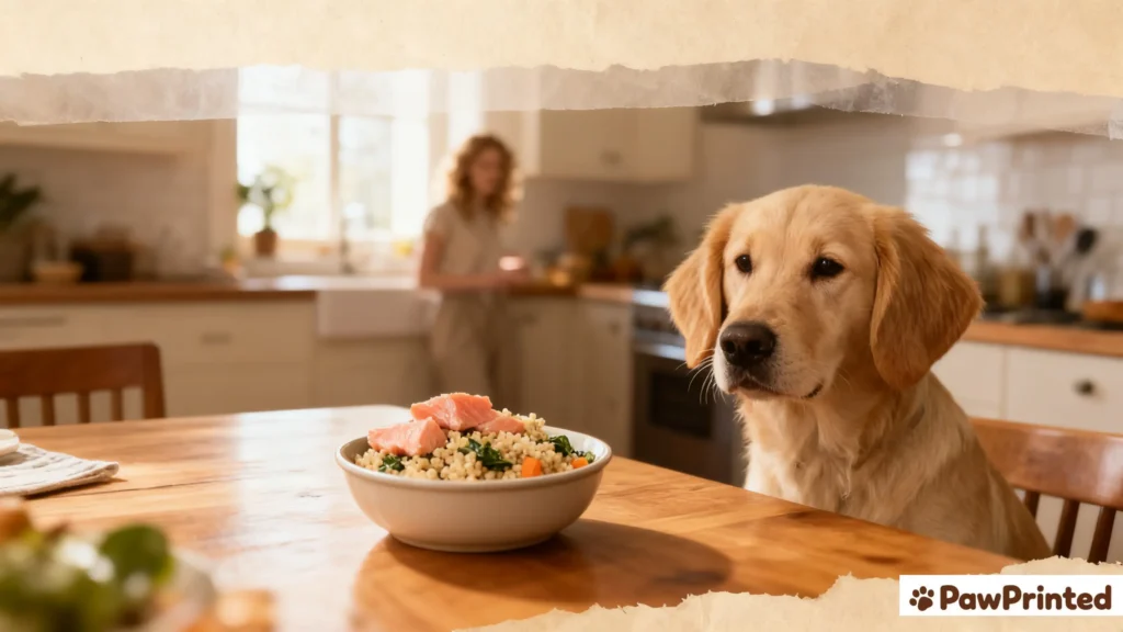 Emma preparing a bowl of homemade salmon and quinoa dog food while Ethan watches in a warm kitchen — high-protein, vet-approved recipe