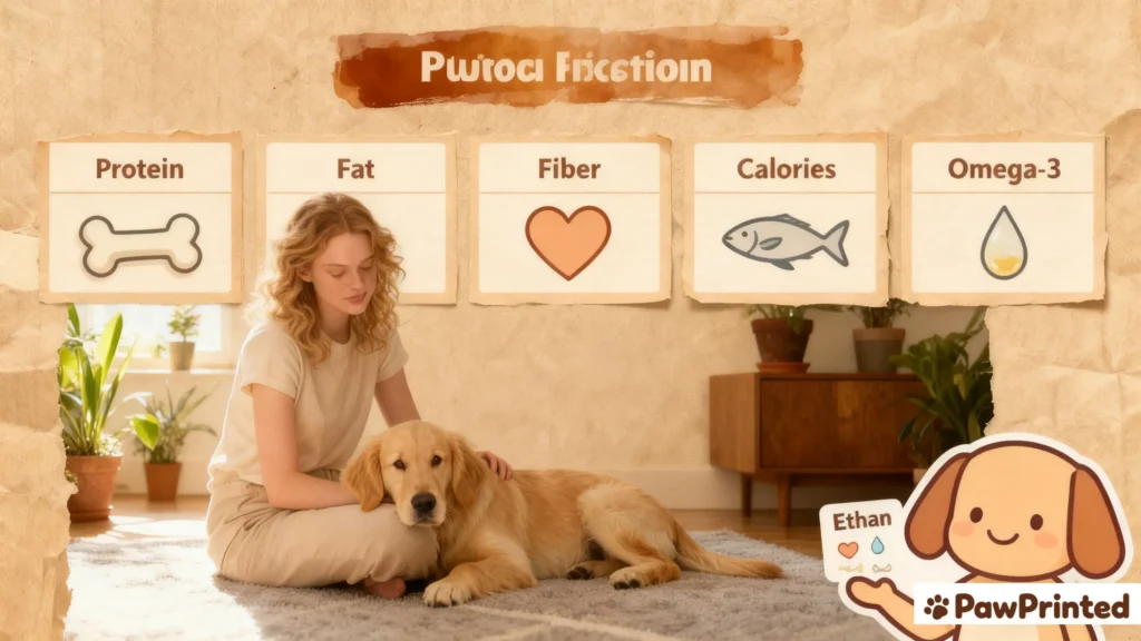 Infographic: nutrition breakdown of salmon & quinoa dog food — protein, fat, fiber, calories, and omega-3 for dogs