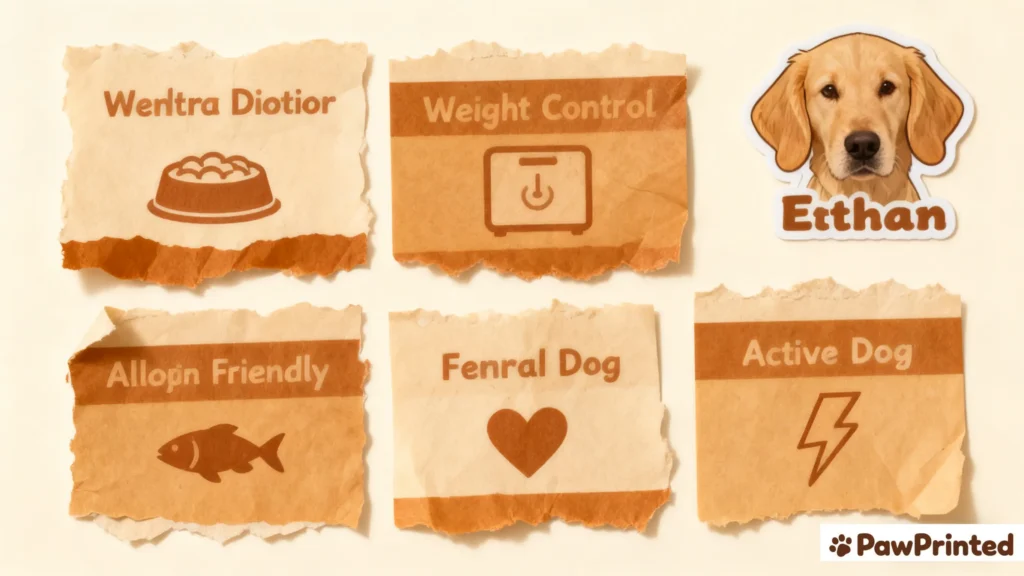 Vet tips & variations collage for salmon and quinoa dog food: gentle digestion, weight control, allergy-friendly, senior and active dog ideas