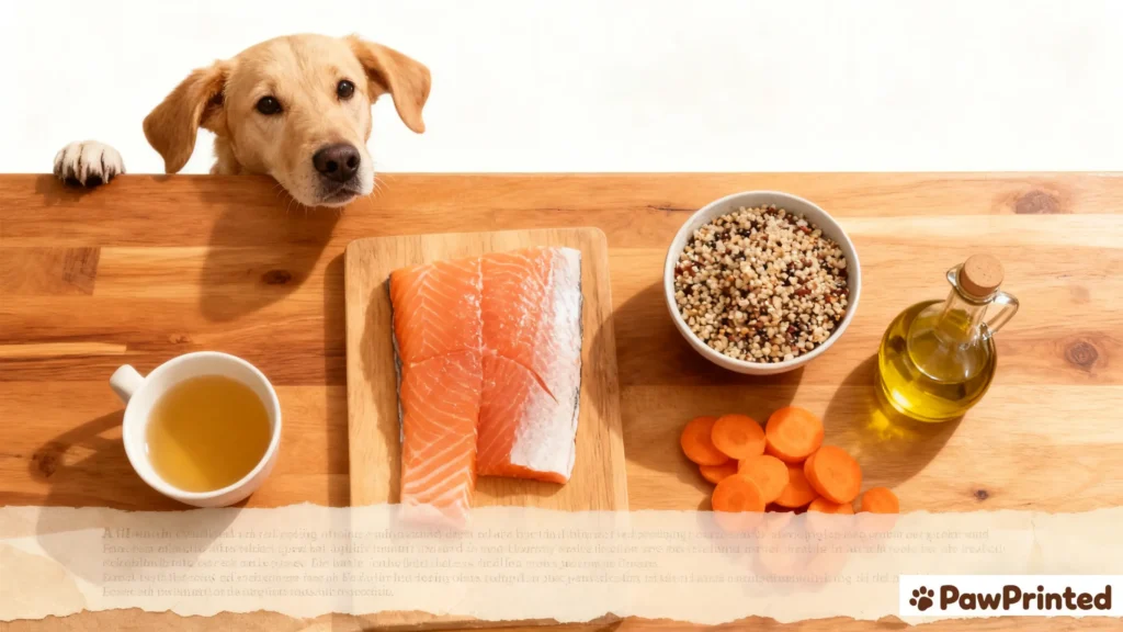 Flat lay of ingredients for salmon and quinoa dog food: salmon fillet, cooked quinoa, carrots, bone broth and olive oil on wooden board