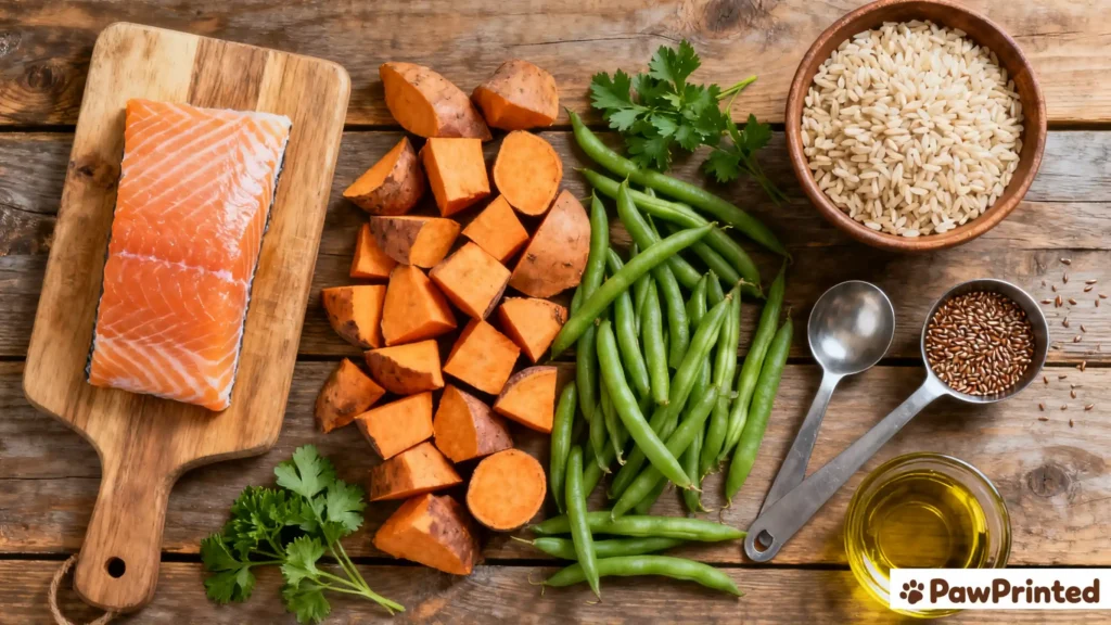 Top-down view of fresh ingredients for salmon and sweet potato dog food — salmon fillet, sweet potatoes, brown rice, peas, and flaxseed oil on wooden surface.