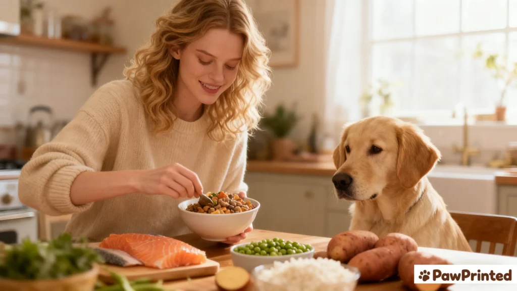 Emma serving a bowl of homemade salmon and sweet potato dog food to Ethan, her light brown floppy-eared dog, in a cozy sunlit kitchen.