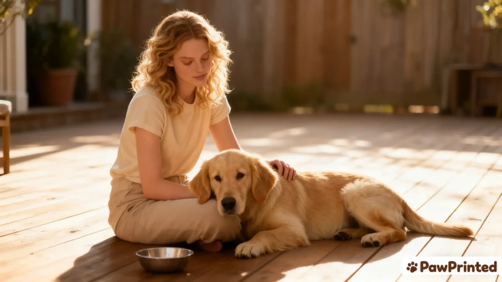 Emma sitting on the floor hugging Ethan after mealtime, empty dog bowl nearby, golden sunlight creating a warm and happy home mood.