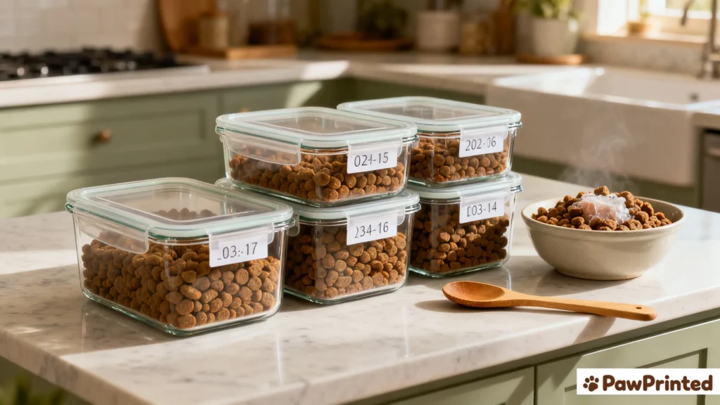 Three glass containers filled with homemade salmon and sweet potato dog food, labeled for storage, placed neatly on a wooden kitchen counter.
