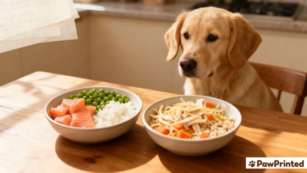 Side-by-side comparison of salmon and chicken dog food bowls on a wooden table, with Ethan the light brown dog deciding which meal to try first.