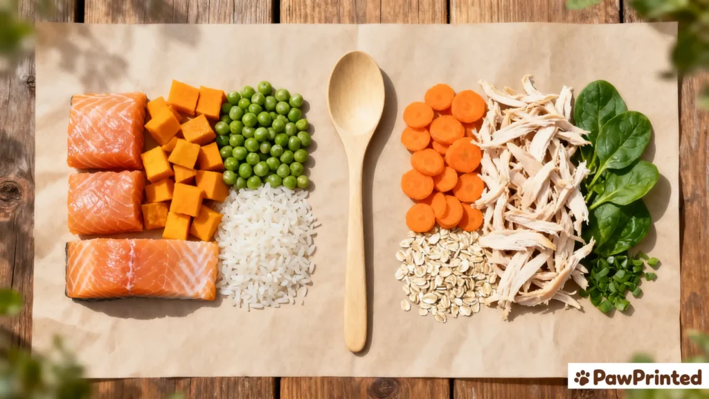 Close-up comparison of salmon and chicken dog food ingredients in white bowls with Ethan sniffing curiously beside them.