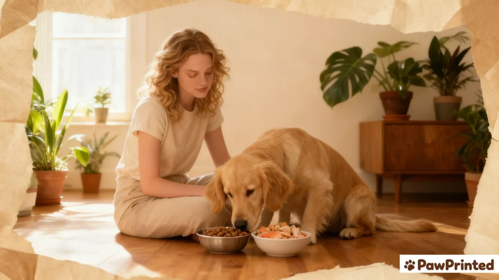 Flat lay of salmon and chicken dog food ingredients displayed side by side on a wooden table under soft daylight.
