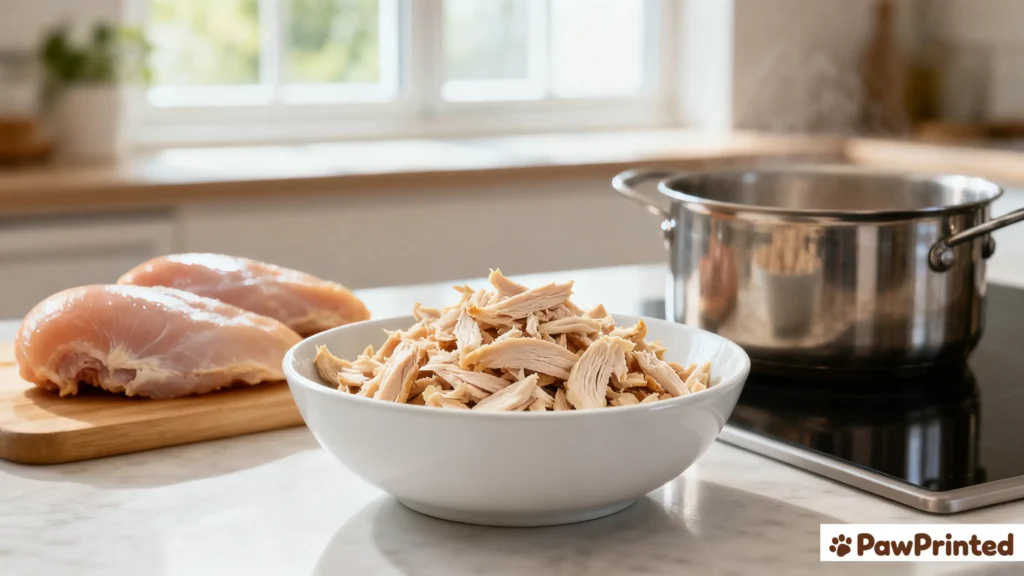 homemade cheese and chicken dog treats on wooden counter, medium-sized light brown dog Ethan waiting beside bowl, cozy kitchen lighting
