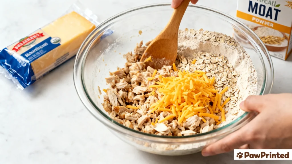 flat lay of chicken breast, shredded cheese, oat flour, egg, and parsley for homemade dog training treats
