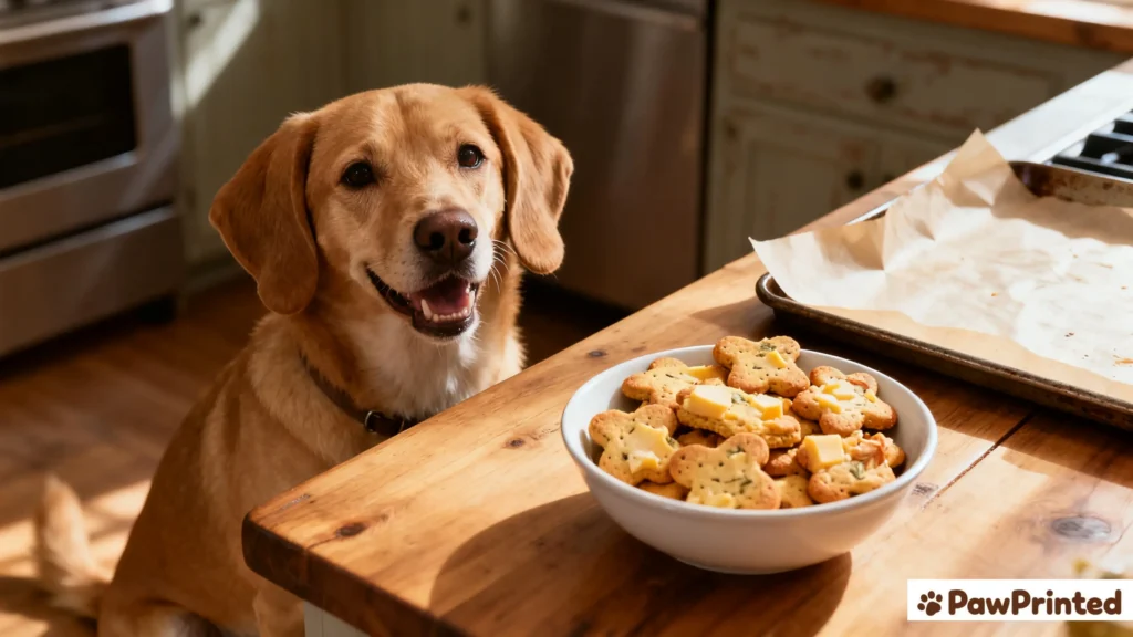 hands shaping tiny cheese and chicken dog treats on parchment baking tray with Ethan watching curiously
