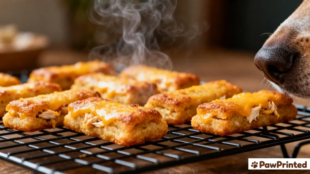 close-up of golden cheese and chicken dog treats cooling on wire rack with dog nose sniffing nearby
