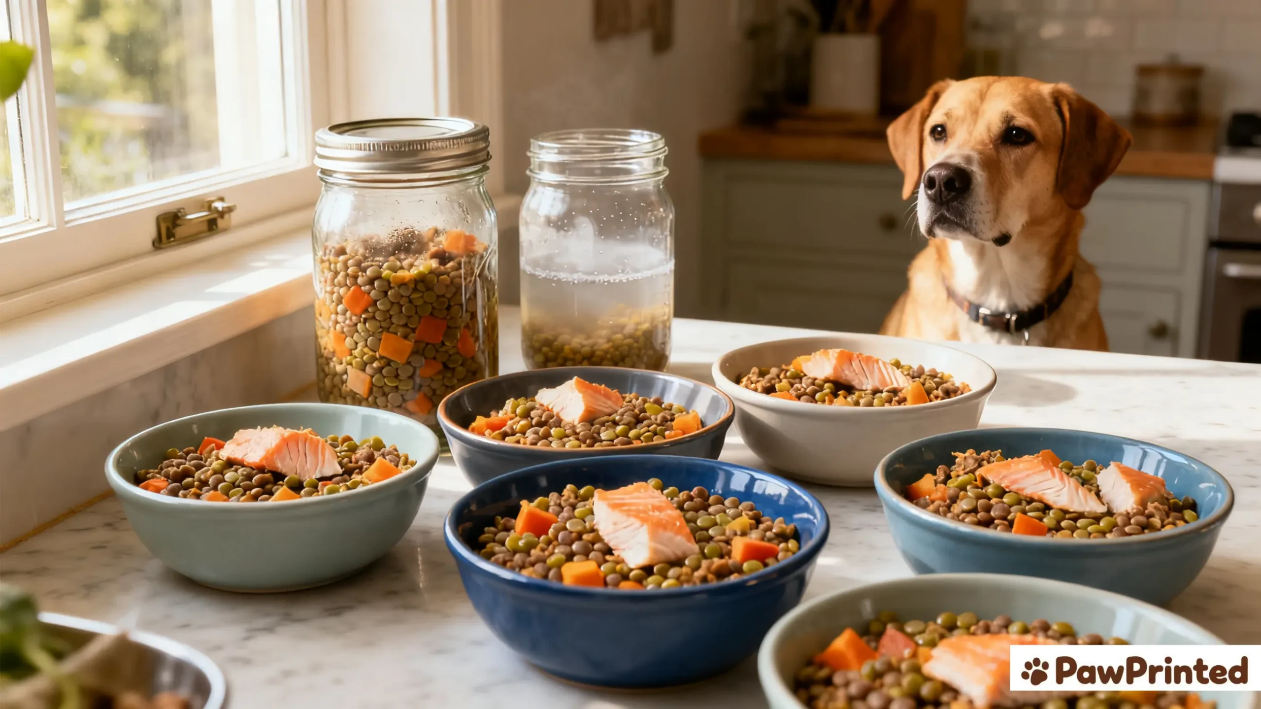 Close-up of a bowl of homemade salmon and lentils dog food with fresh vegetables and soft daylight.