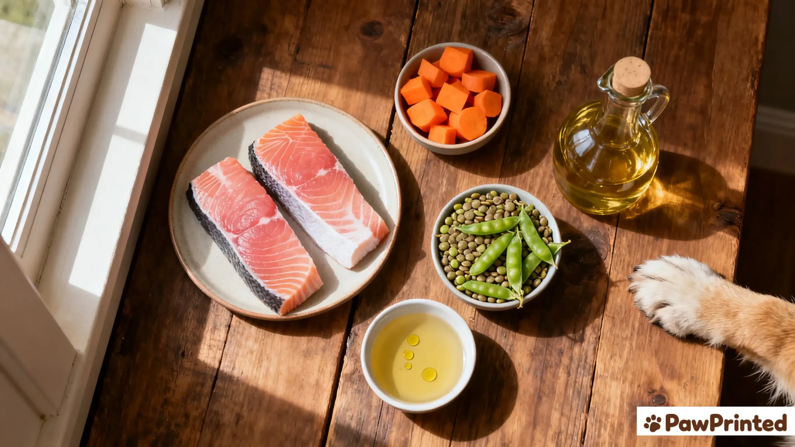 Ingredients for homemade salmon and lentils dog food – salmon, lentils, carrots, green beans, and fish oil.