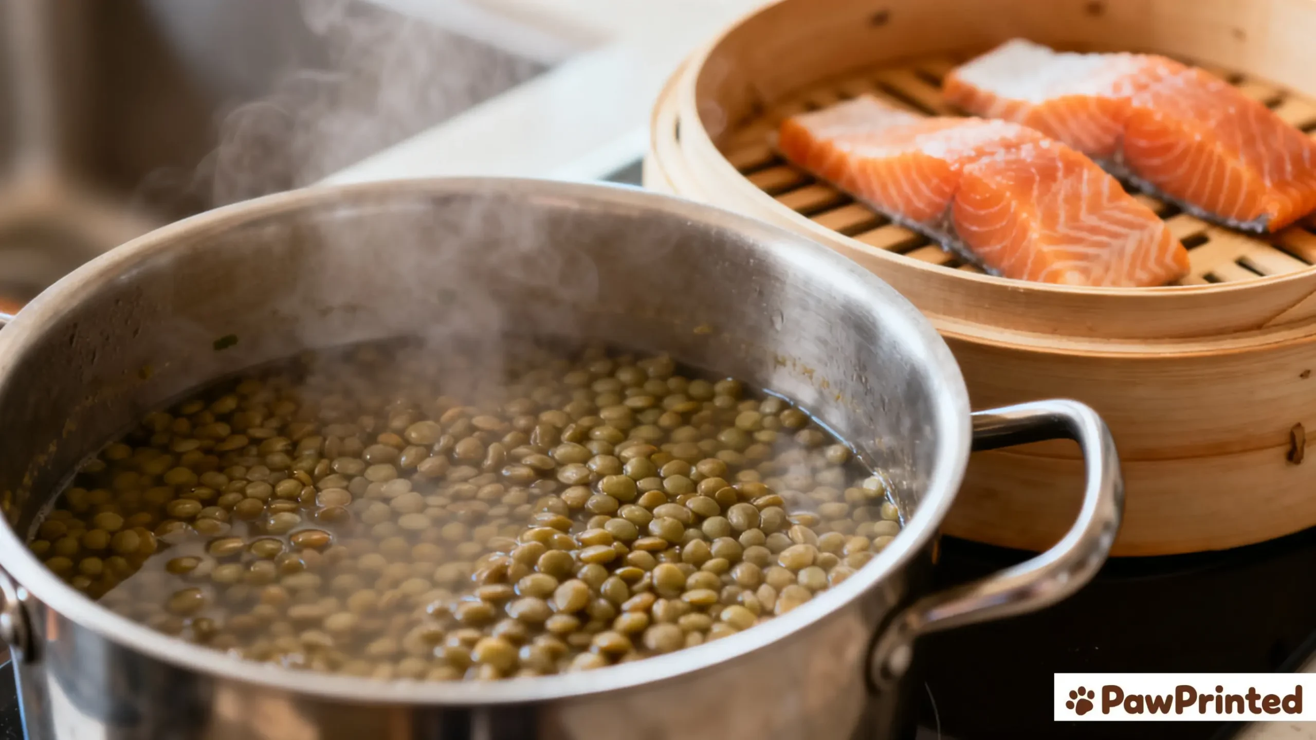 Mixing cooked salmon, lentils, and vegetables in a ceramic bowl with olive oil for dog food.