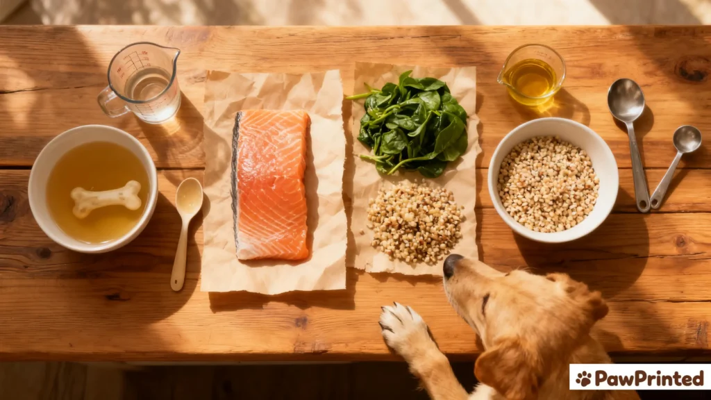 Flat lay of fresh salmon, spinach, quinoa, and bone broth used in homemade dog food recipe.