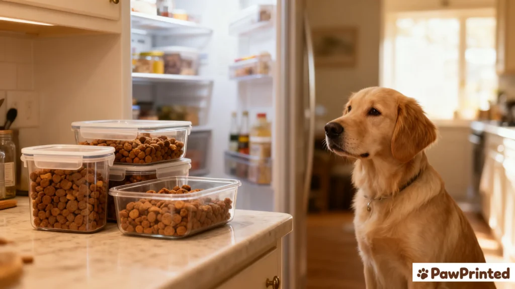 Homemade salmon and spinach dog food stored in glass containers ready for serving.