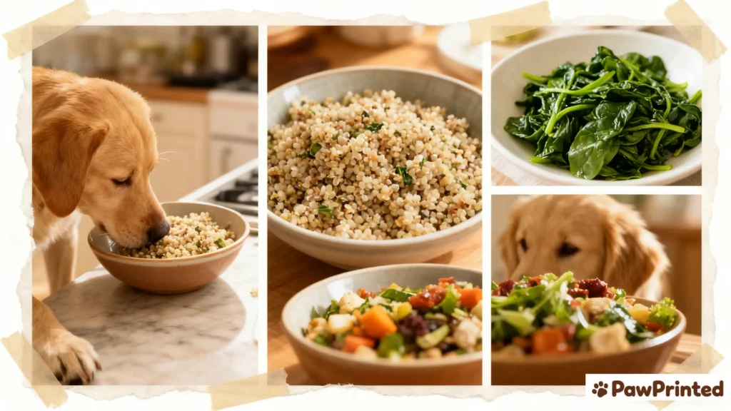  Step-by-step collage showing how to cook salmon and spinach dog food at home.