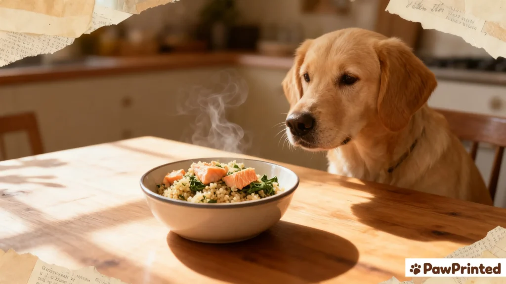 Homemade salmon and spinach dog food served in a ceramic bowl with Ethan waiting beside the table.