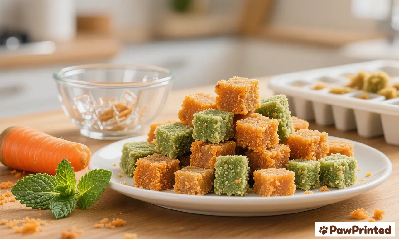 Small carrot and mint dental dog treat bites scattered on a wooden surface