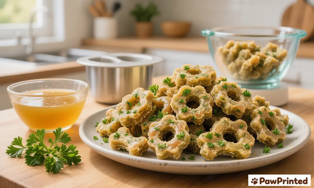 Chicken bone broth and parsley dental dog treats on a tray with a small bowl of broth beside them