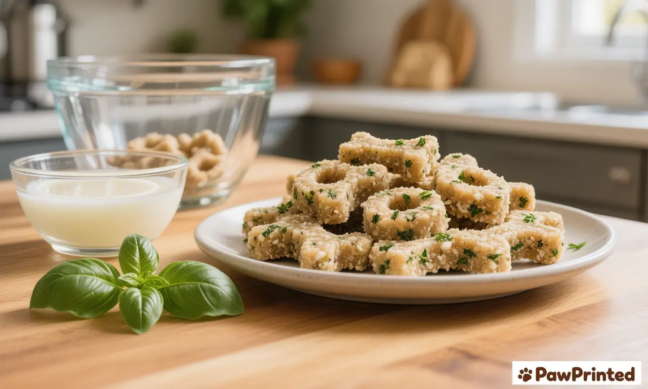 Coconut oil and basil dental dog treats in small round molds on a wooden board