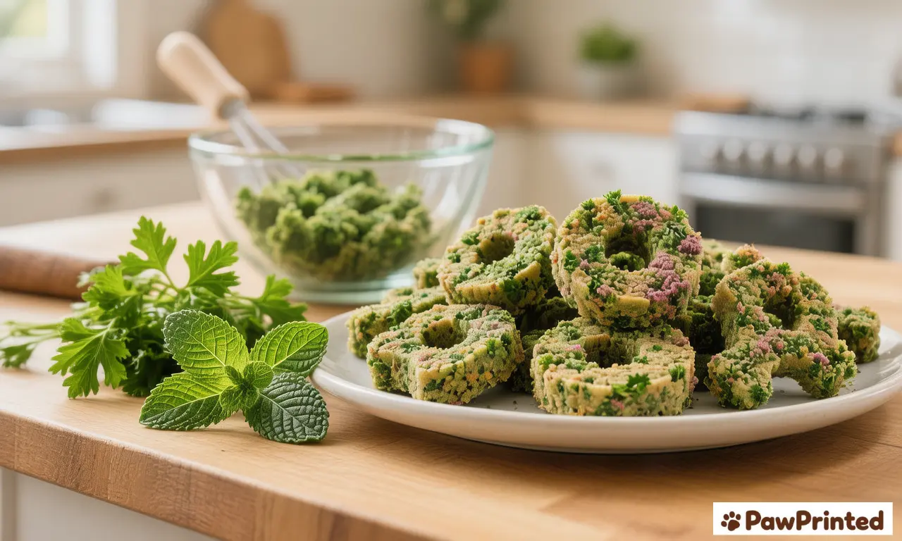 Parsley and mint dental dog treats in small biscuit shapes on a cooling rack