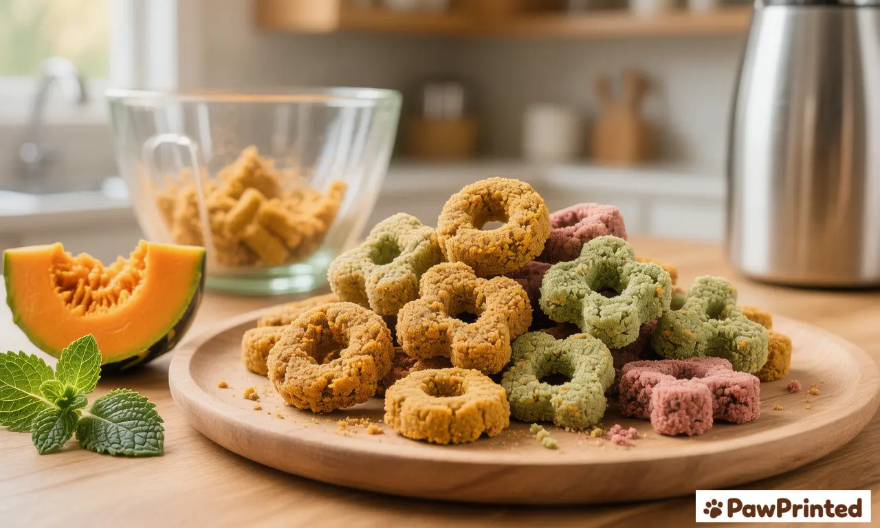 Soft pumpkin and mint dental dog chews stacked on a plate with Ethan watching nearby