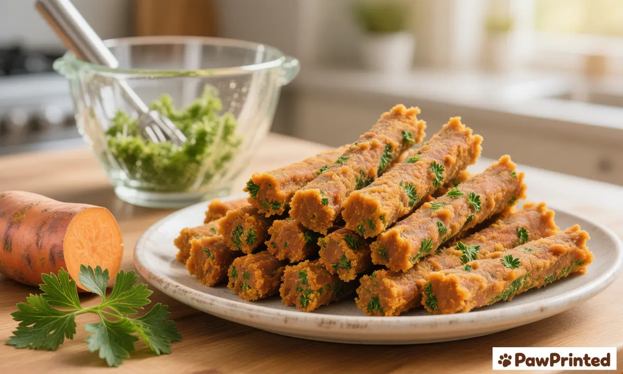 Homemade sweet potato and parsley dental dog treat sticks lined up on parchment paper