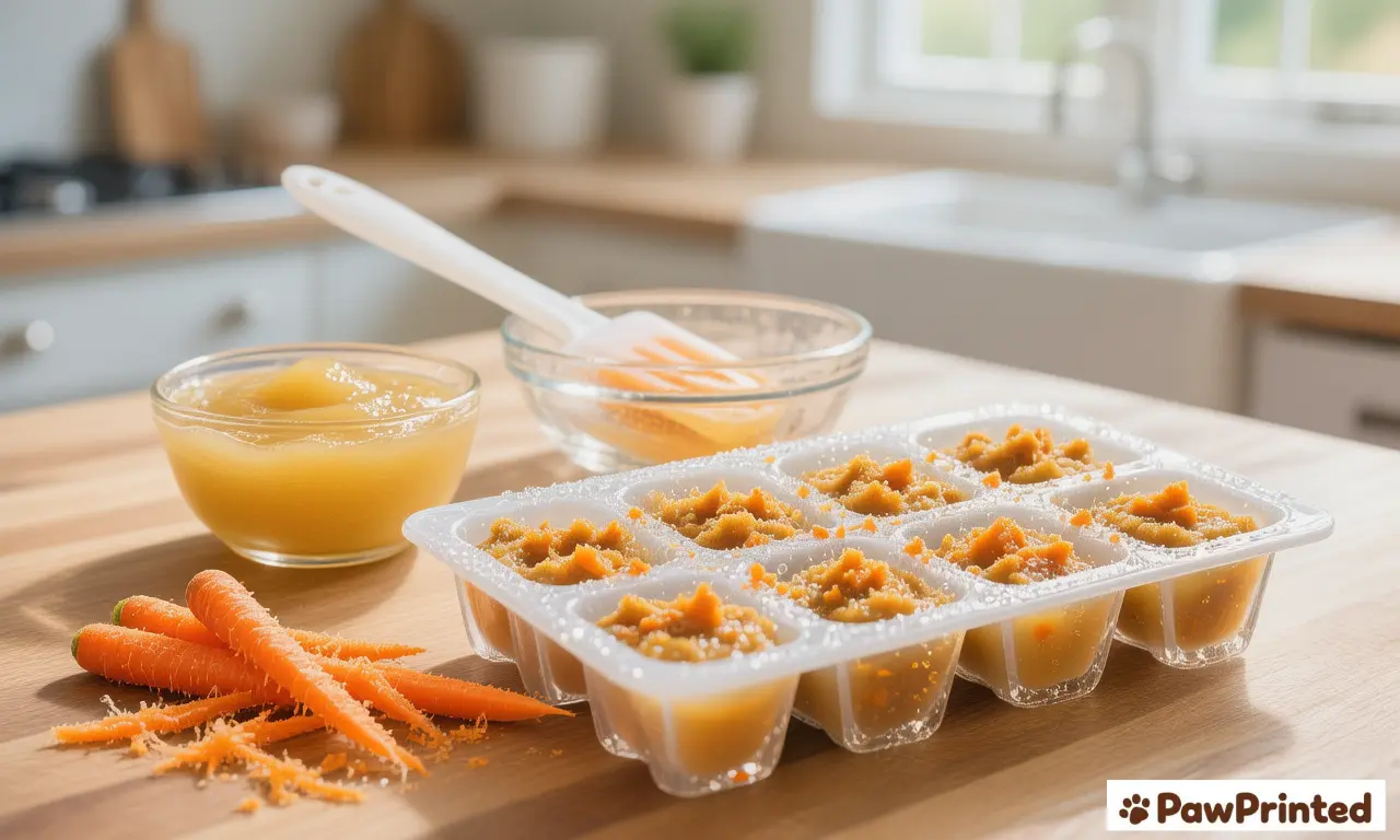 Frozen applesauce and carrot dog treats on a parchment-lined tray with Ethan sniffing nearby