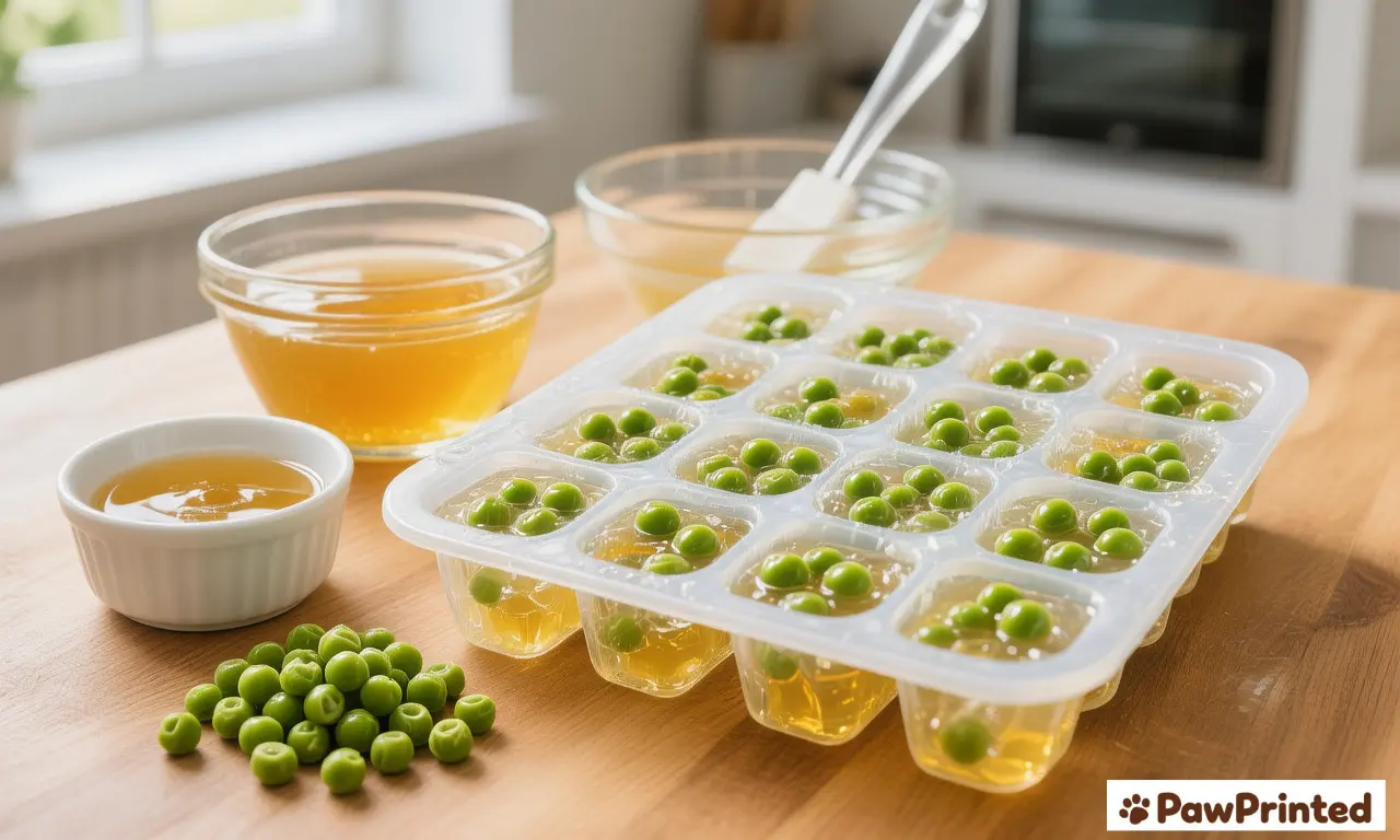 Chicken broth and pea frozen dog treats in cube form on a tray with Ethan watching