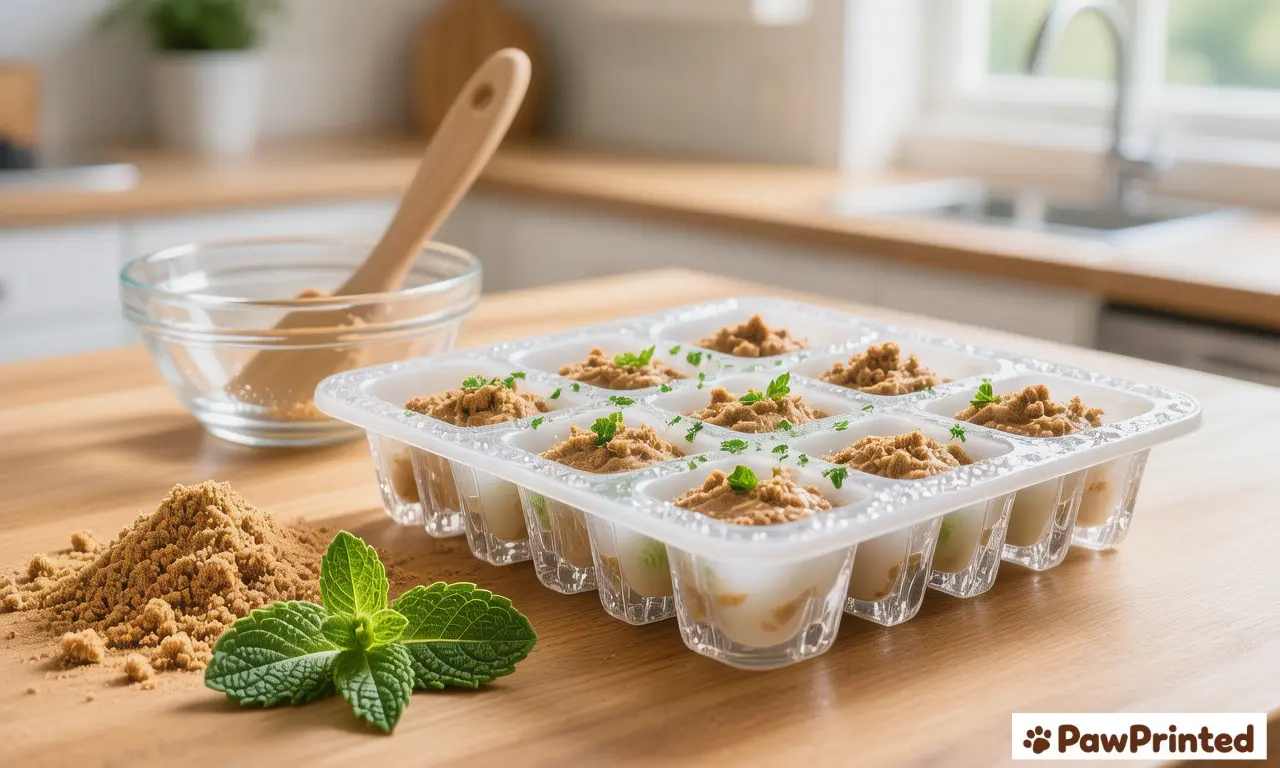 Peanut butter powder and mint frozen dog treats stacked in small paw-shaped molds