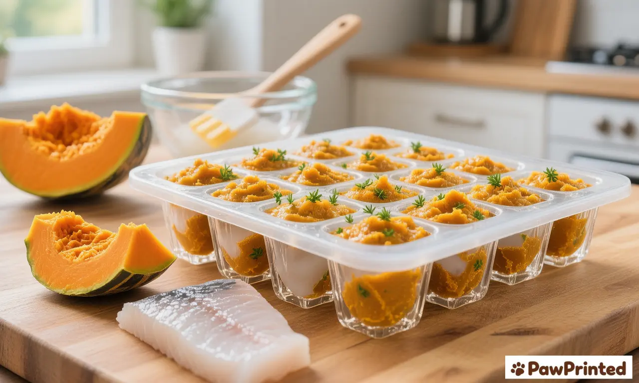 Pumpkin and fish frozen dog treats in round ice ball shapes on a wooden board