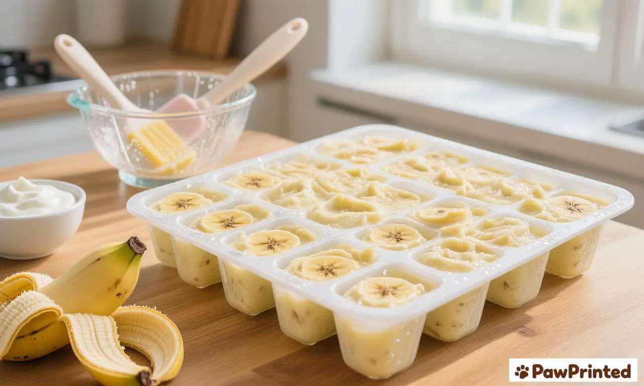 Frozen yogurt and banana dog treats in paw-shaped molds with Ethan watching nearby