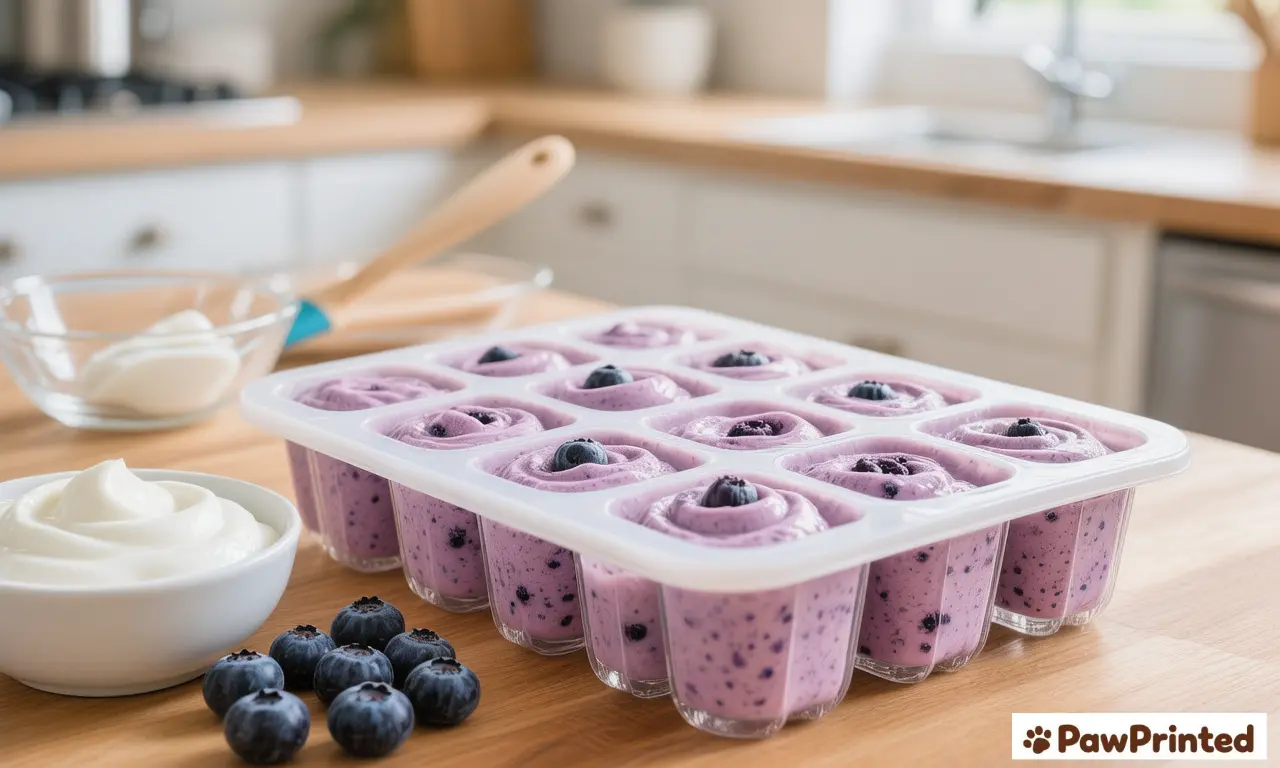 Frozen yogurt and blueberry dog treats in small round molds on a light tray