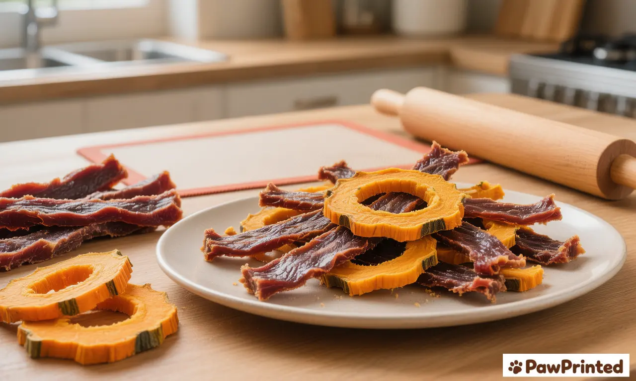 Grain free beef jerky and pumpkin chip dog treats arranged on a wooden board