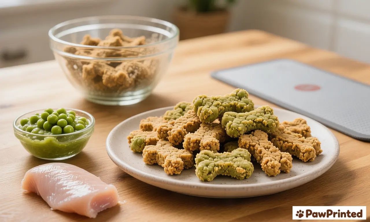 Grain free chicken and pea puree dog treats on a baking tray with Ethan watching nearby
