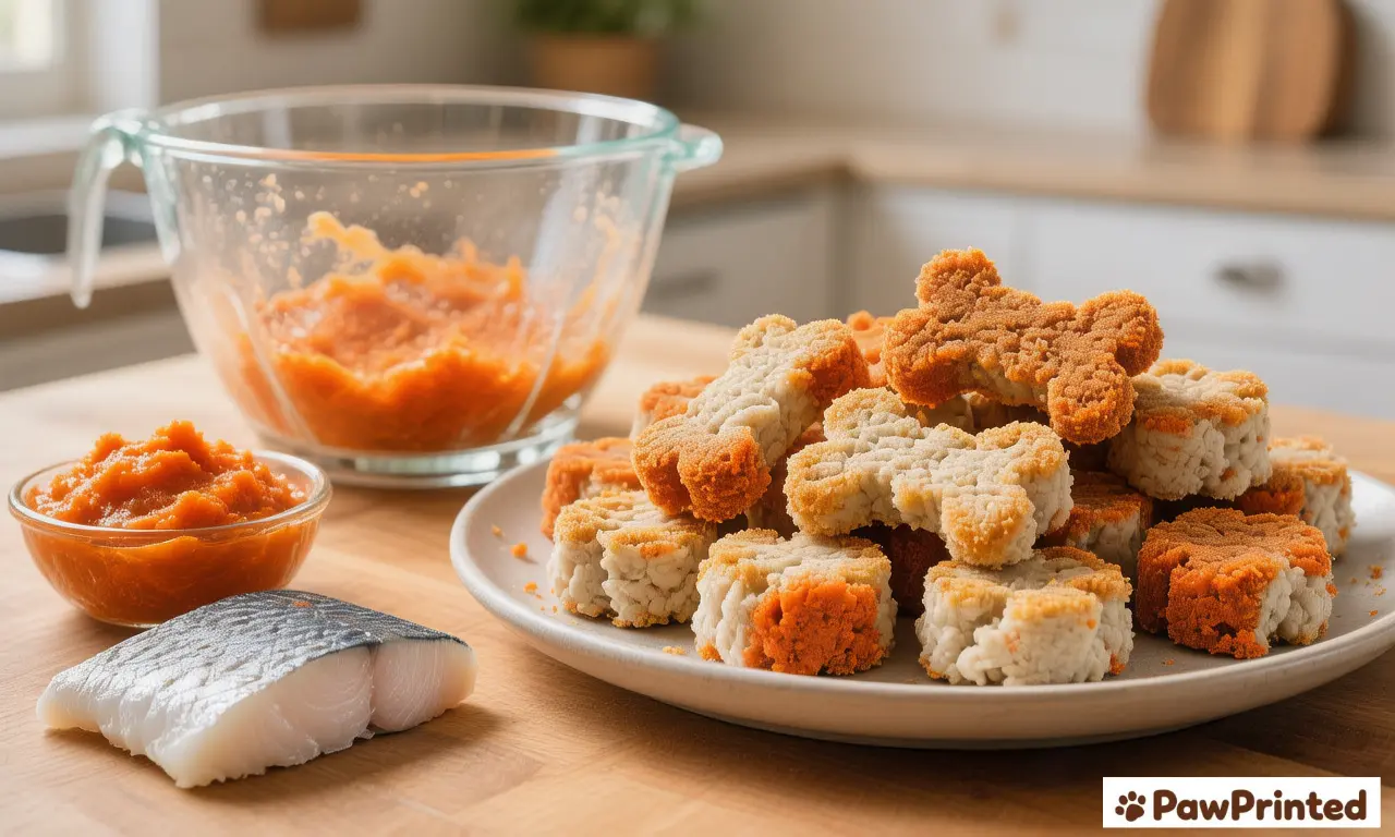 Soft grain free cod and carrot dog treats in small squares on a plate