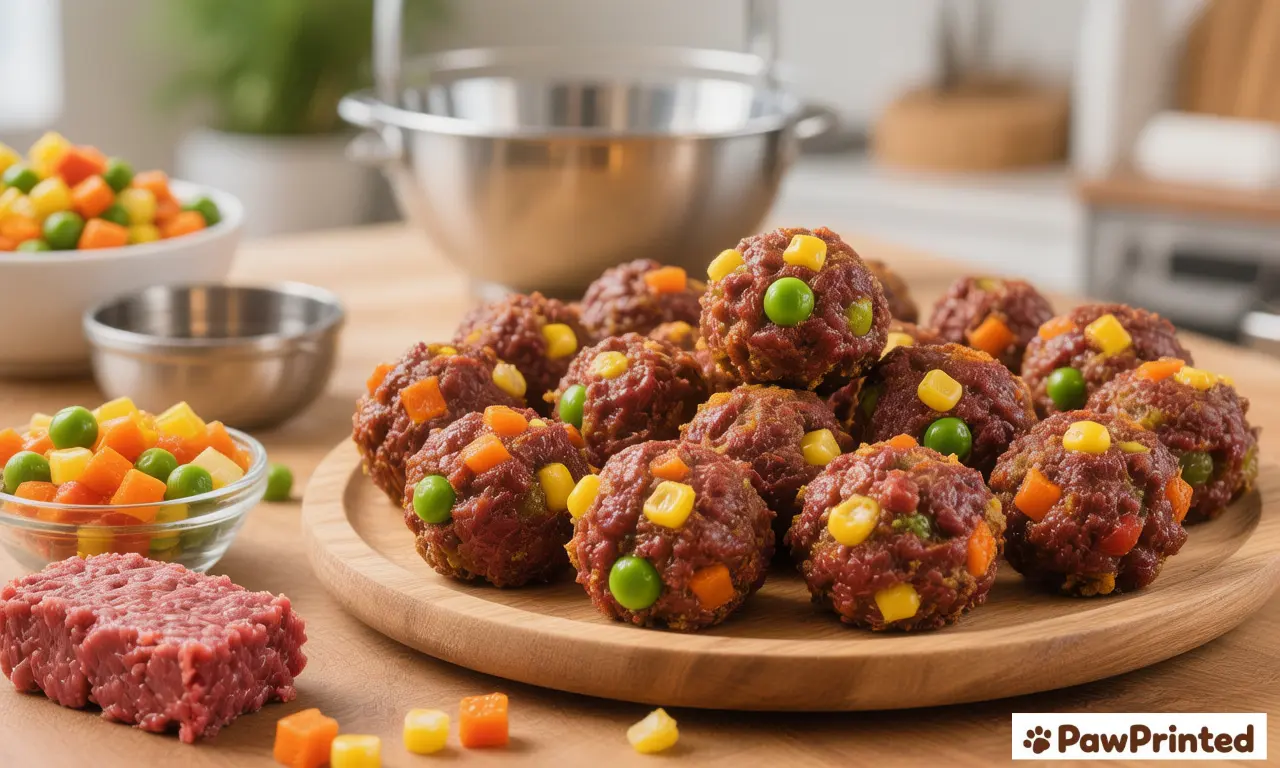 Grain free lamb meatball dog treats with colorful veggie bits on a plate