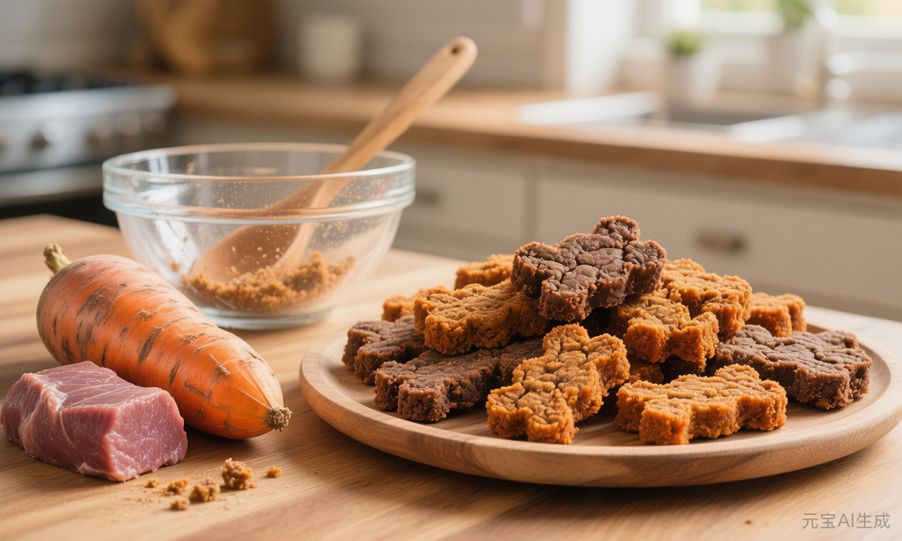 Homemade duck and sweet potato hypoallergenic dog treats on a tray with Ethan watching nearby