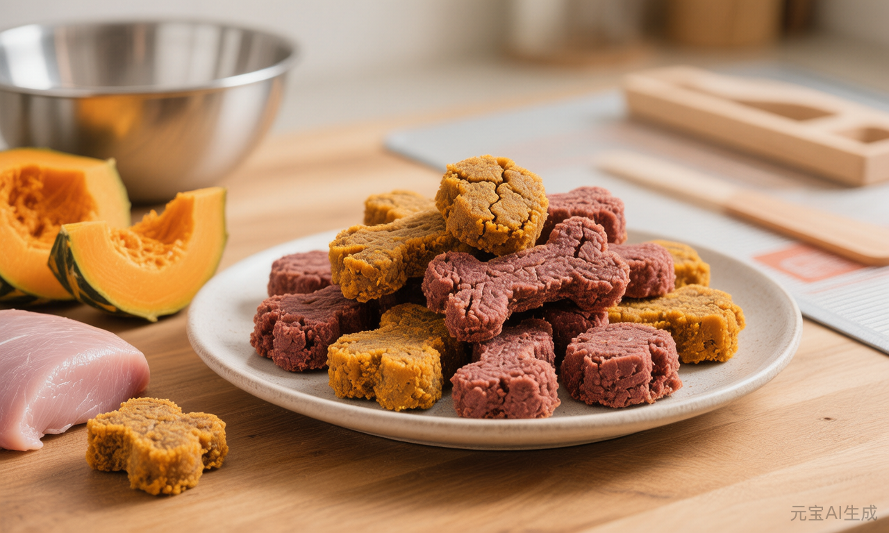 Turkey and pumpkin hypoallergenic dog treats arranged on a parchment-lined tray
