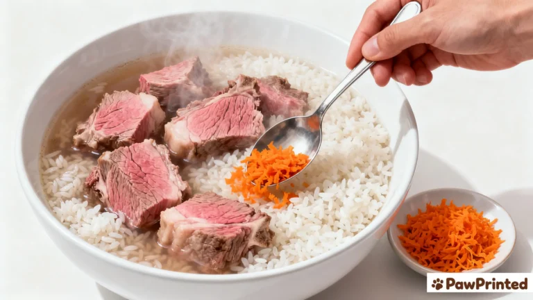 Cooling freshly cooked Lamb and Rice Dog Food and portioning into containers for dog meal prep - PawPrinted