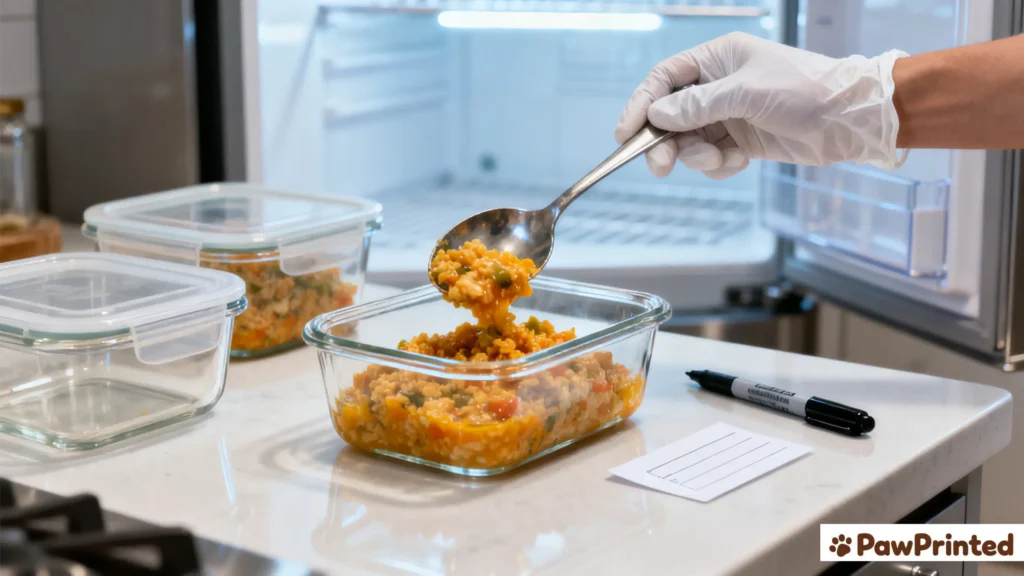 Emma preparing Lamb and Rice Dog Food - cooking ground lamb and mixing with soft rice in home kitchen - PawPrinted