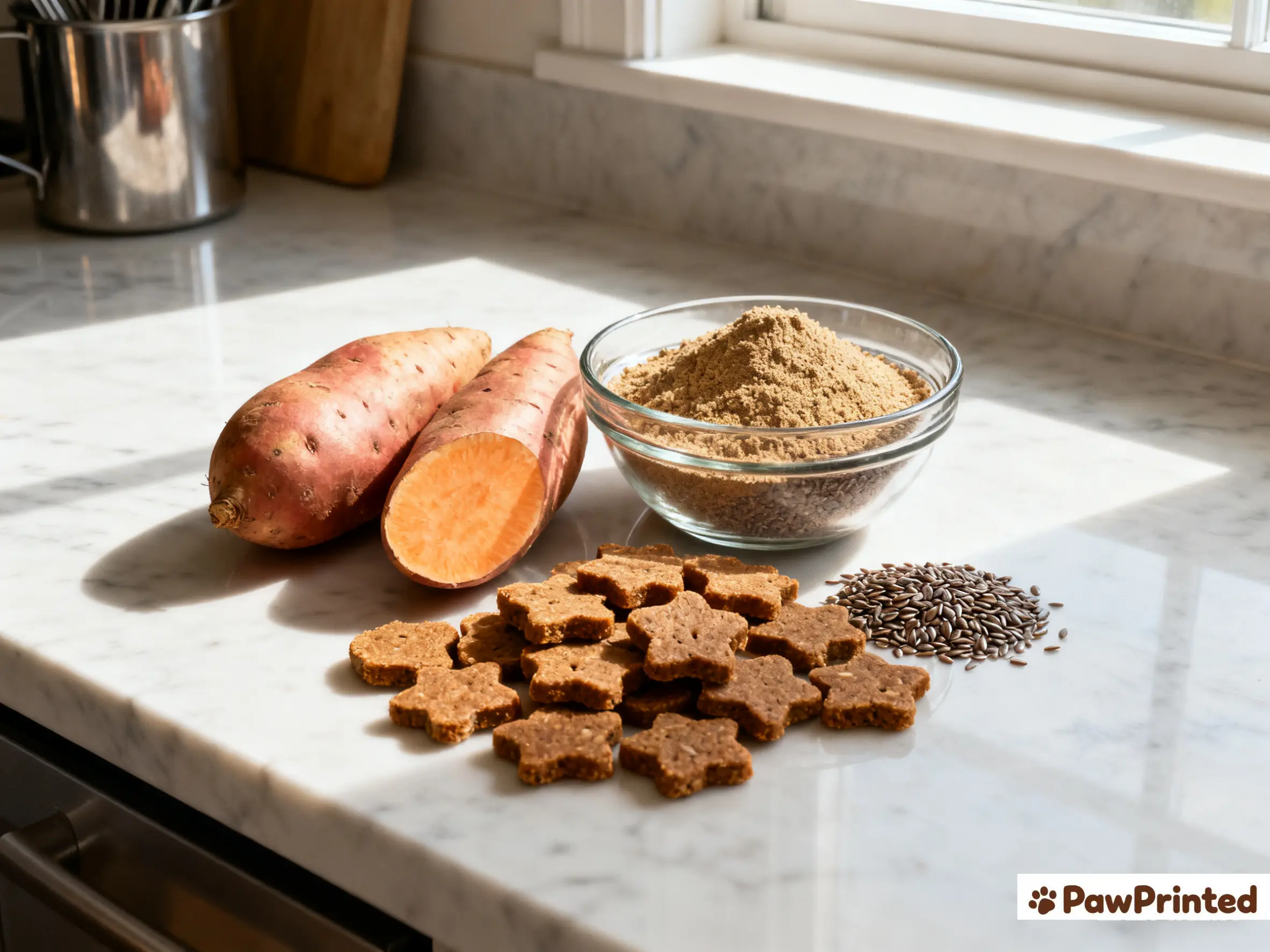 Sweet potato and flaxseed dog treats close-up - PawPrinted