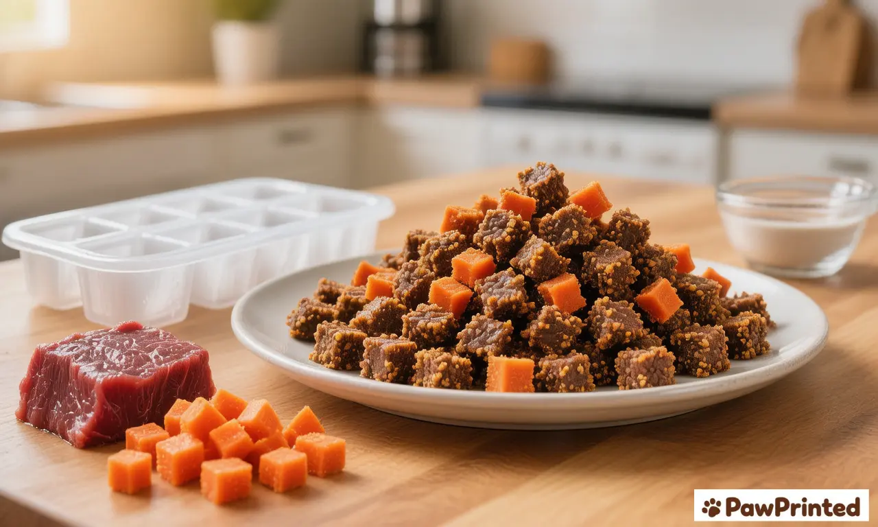 Beef jerky and carrot training dog treats cut into small bite-size squares