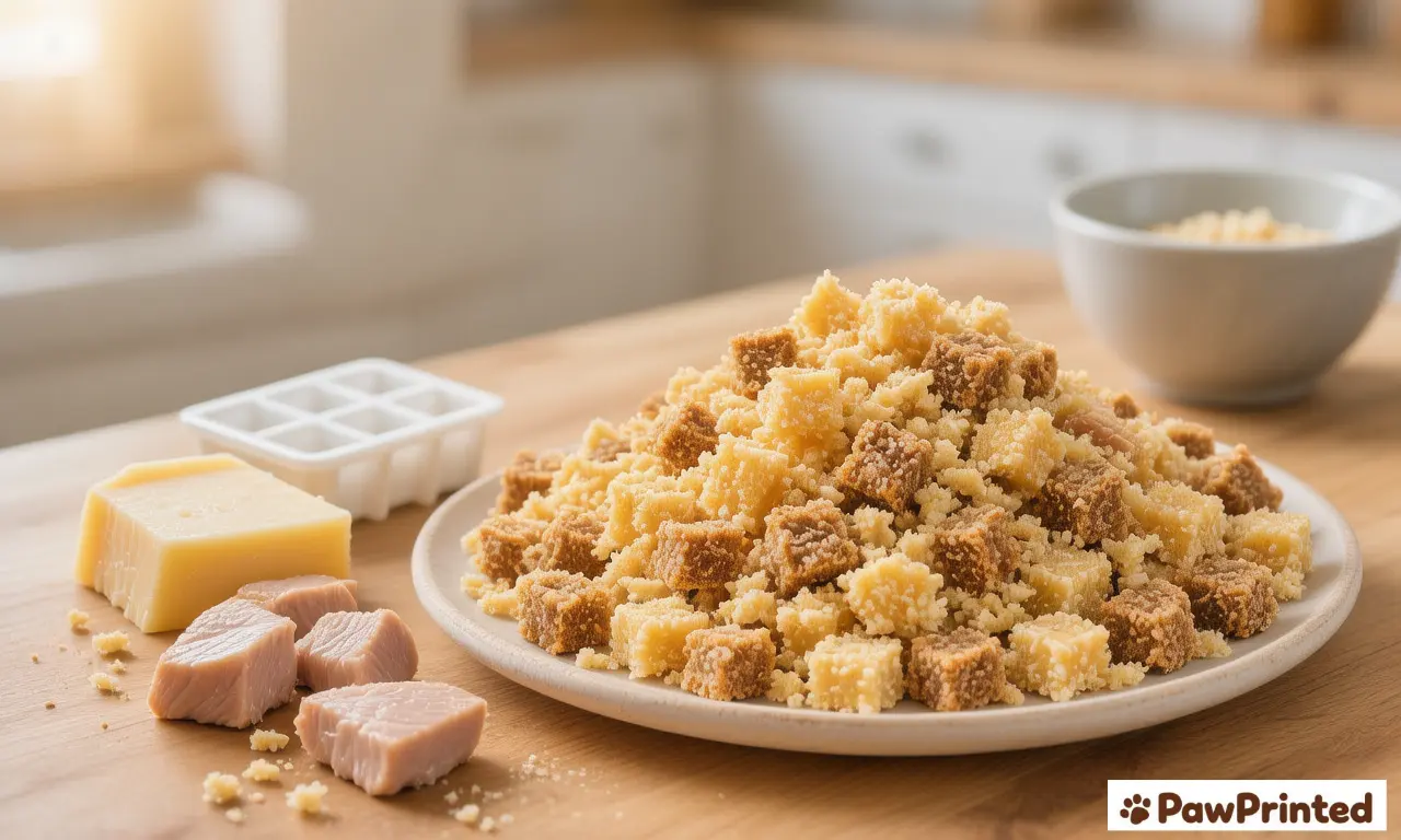 Cheese and chicken training dog treats cut into small squares on a board