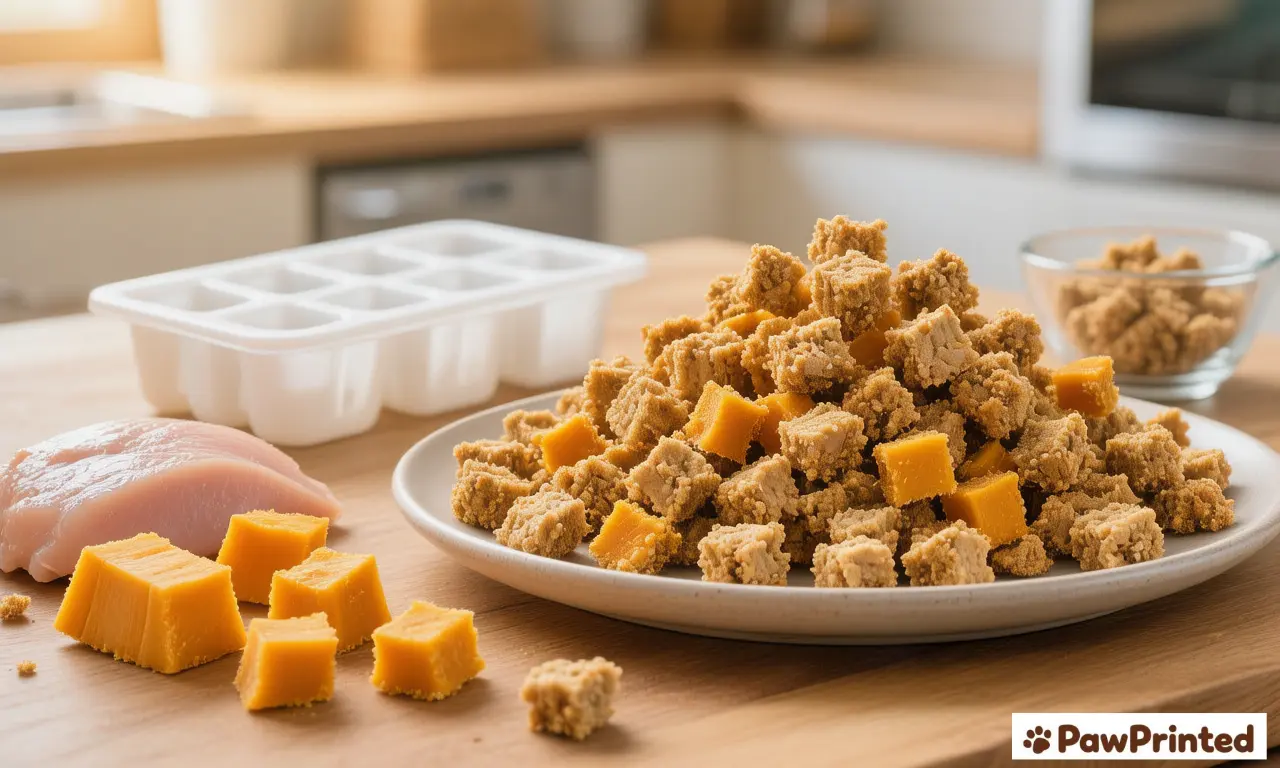 Tiny chicken and pumpkin training dog treats in a small bowl on a table