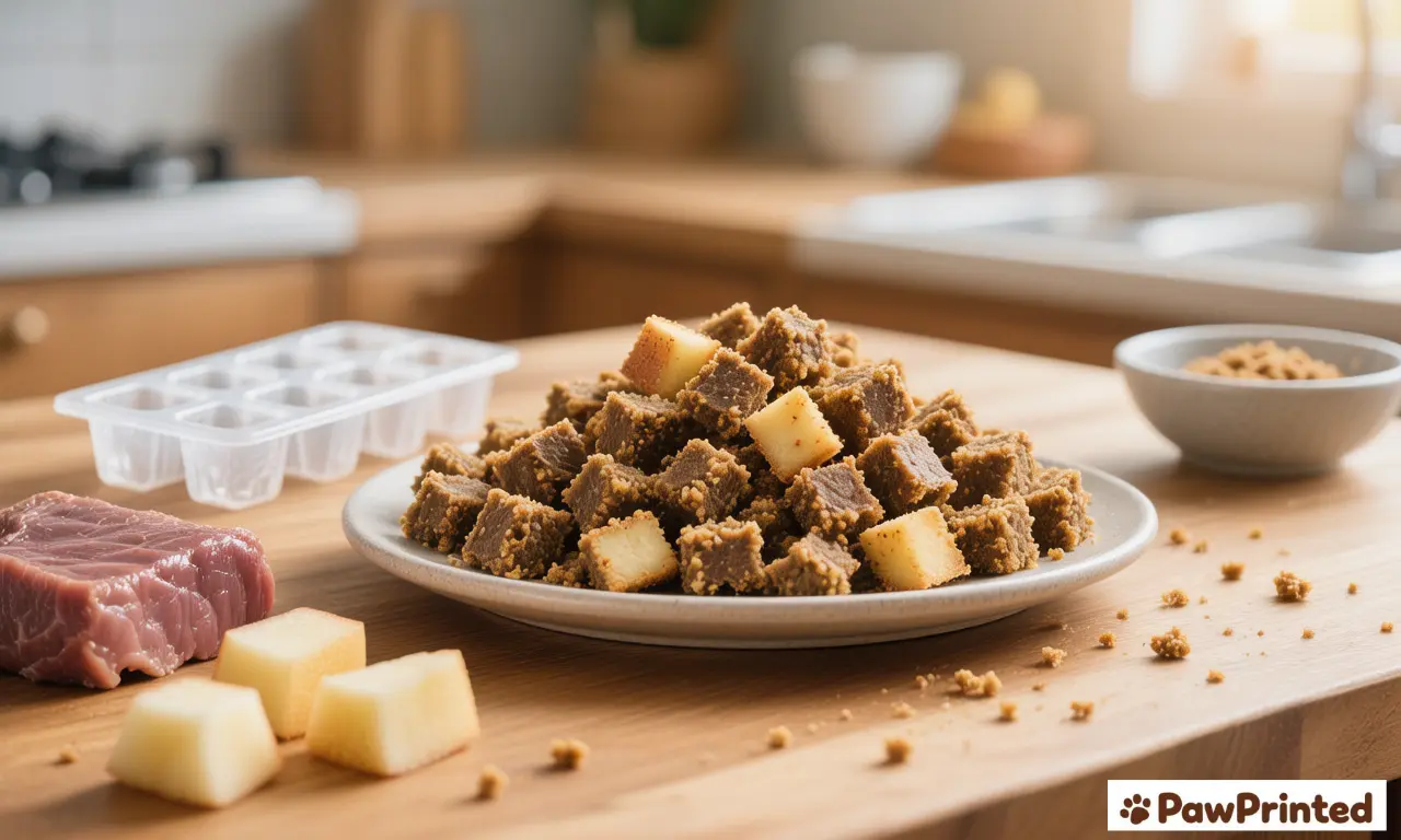 Duck and apple mini cube training treats in a small dish